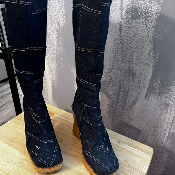 Vintage Splash Patchwork Denim Platform Wedge Boots. Y2K Statement.  Size 7 - Picture 3 of 14